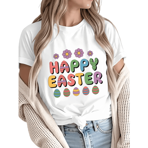 Women Happy Easter Retro Eggs Graphic Tees Cotton Crew Neck T Shirt fun Tops Black S-5XL