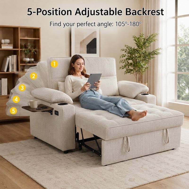58" Sleeper Sofa Bed, Full Size Pull Out Couch, Convertible Loveseat Sofa with 5-Level Adjustable Backrest, USB Charging Ports, Cup Holders & Foldable Side Table, for Living Room, Apartment & Office