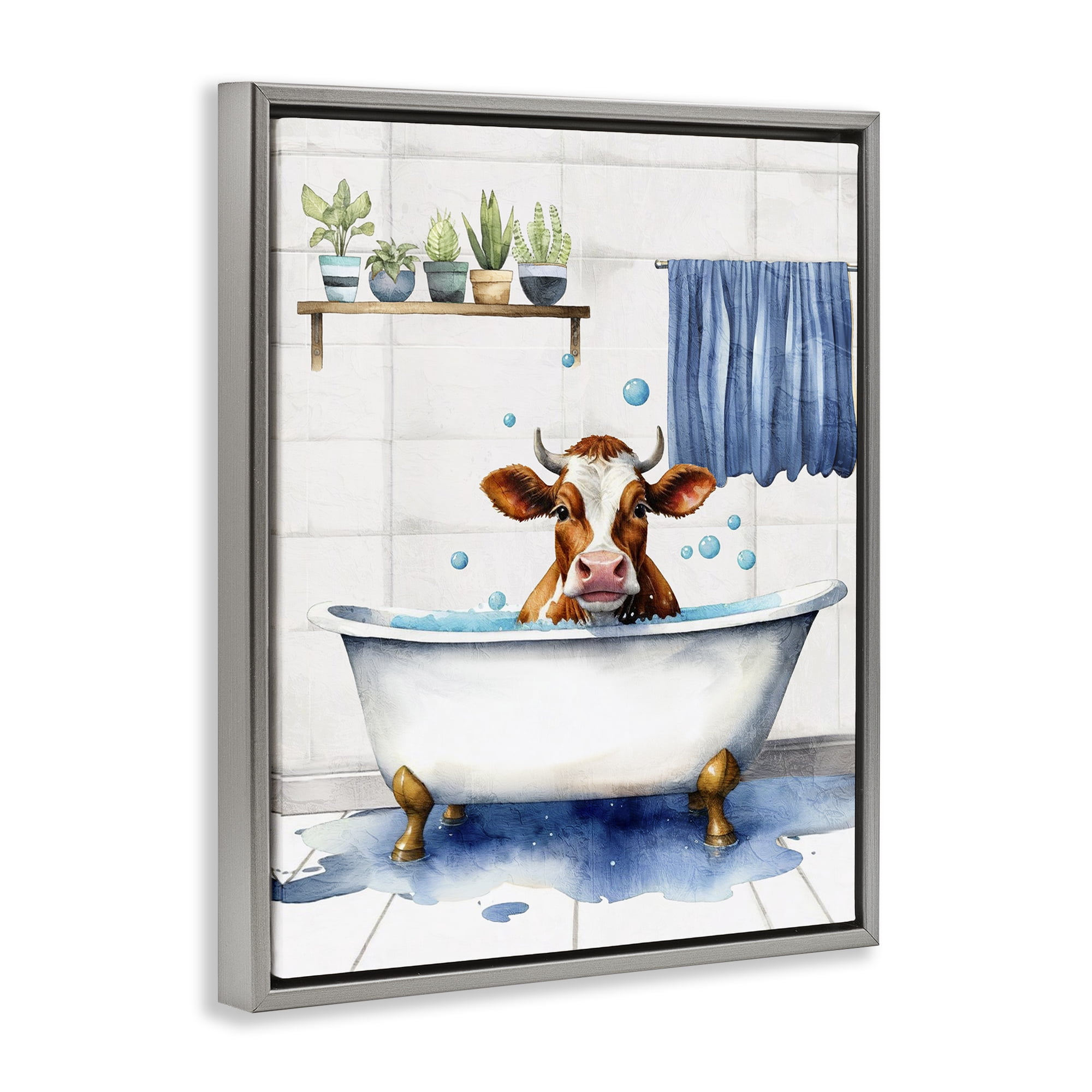 Stupell Industries Cattle Bathtime Suds Bath & Laundry Painting Gray Floater Framed Canvas Art Print Wall Art, 17 x 21