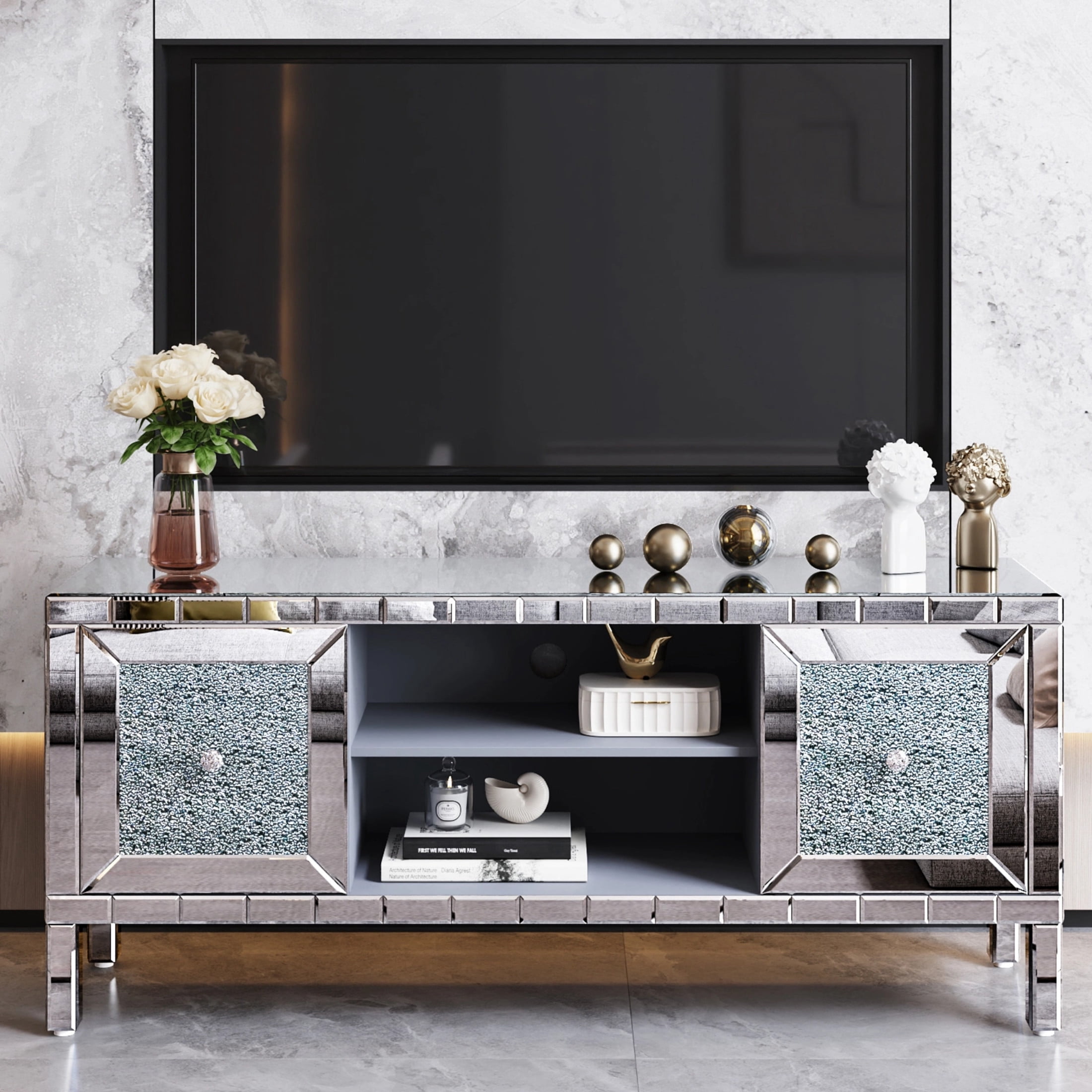 Noble House 60" Modern Mirrored TV Stand, Crushed Diamond Glass Doors Media Console with Adjustable Storage, Silver