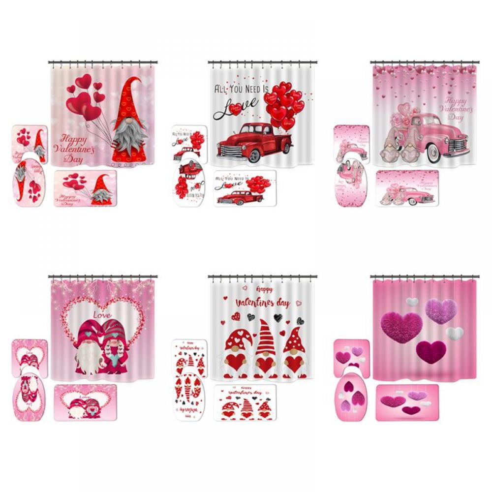 Valentines Day Shower Curtain Set Romantic Love Decor Red Pink Heart Bathroom Curtain with Hooks Waterproof Polyester Fabric Bathroom Decorations