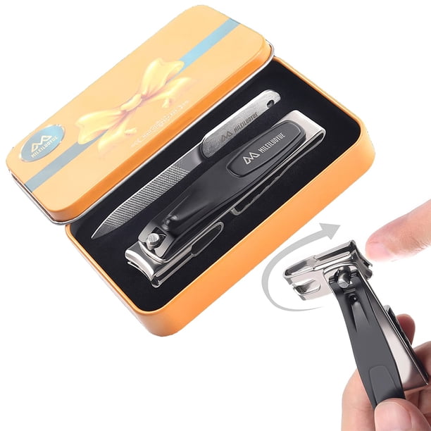 MILEILUOYUE Cortaúñas 2 Piezas Lima de Uñas Cabeza Giratoria de 360 ????Grados Cortaúñas Acero Inoxidable Afilado Pedicura Cortaúñas Grandes Cabeza Giratoria para Uñas Gruesas Caja de Lata de Metal pa