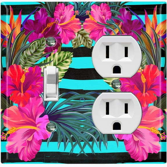 Metal Light Switch Plate Cover Hibiscus Flower Wreath Teal Stripes FLW032