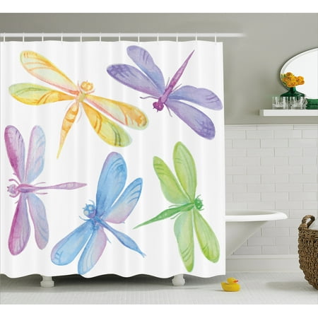 Shower Curtain Kids Dragonfly Shower Curtain, Colorful Watercolor Winged Bugs Children Kids Nursery Spring Themed Artsy Picture, Fabric Bathroom Set with Hooks, Multicolor, by Ambesonne ()