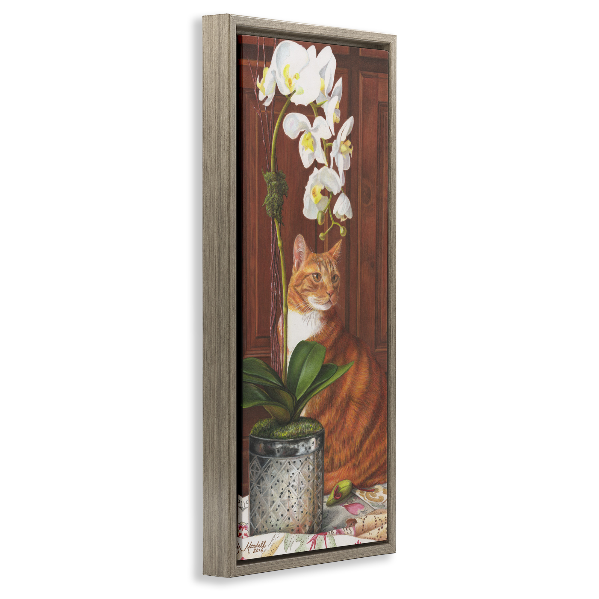 Stupell Industries Cat & Orchid Flower Animals & Insects Painting Brown Floater Framed Canvas Art Print Wall Art, 15 x 31