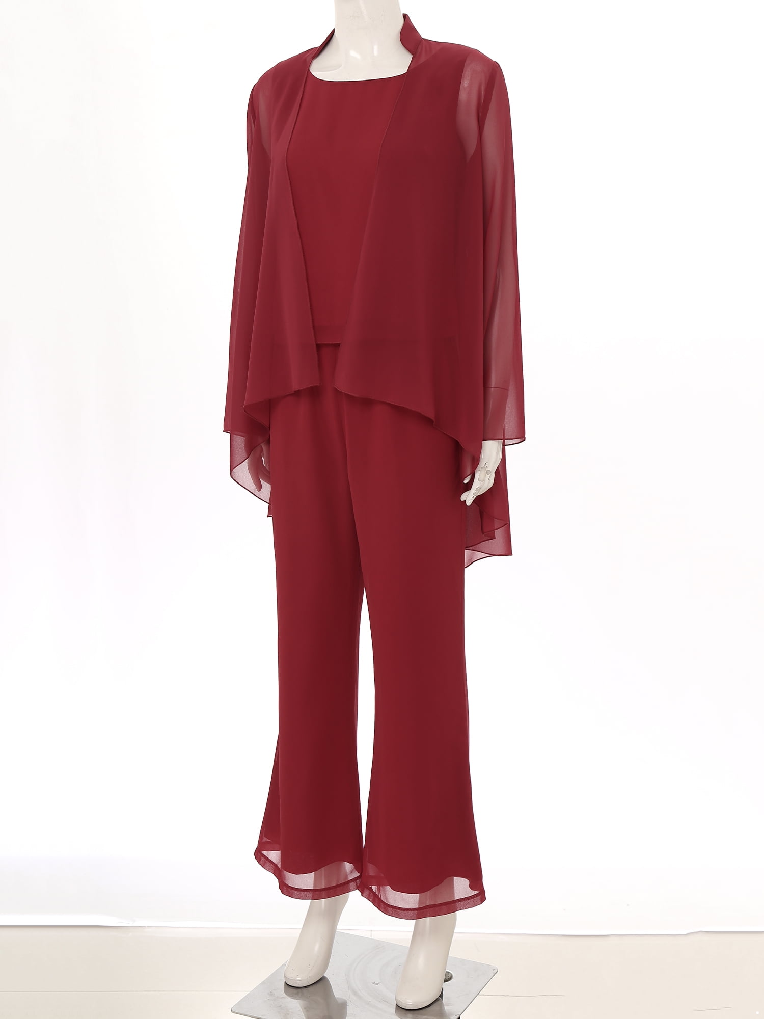 TiaoBug Women's Chiffon Pants Suits 3 Pieces Mother of The Bride Wedding Guest Party Formal Gown Burgundy 3XL