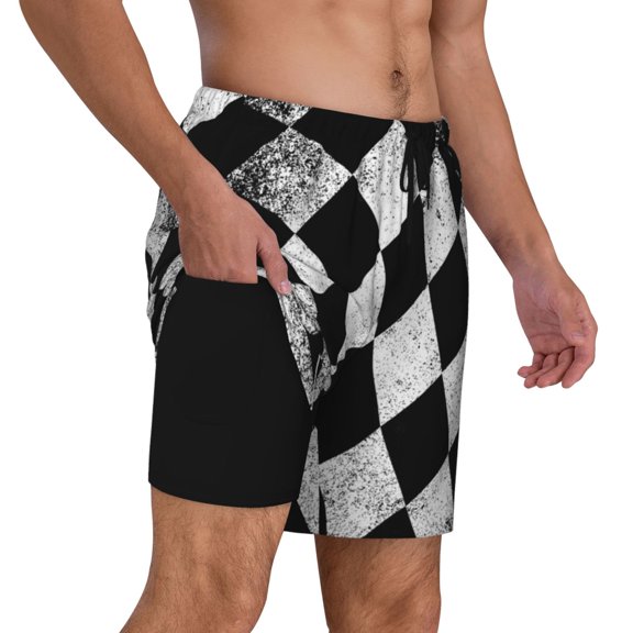 Mens Swim Trunks Checkered Flag Quick Dry Board Shorts with Compression Liner
