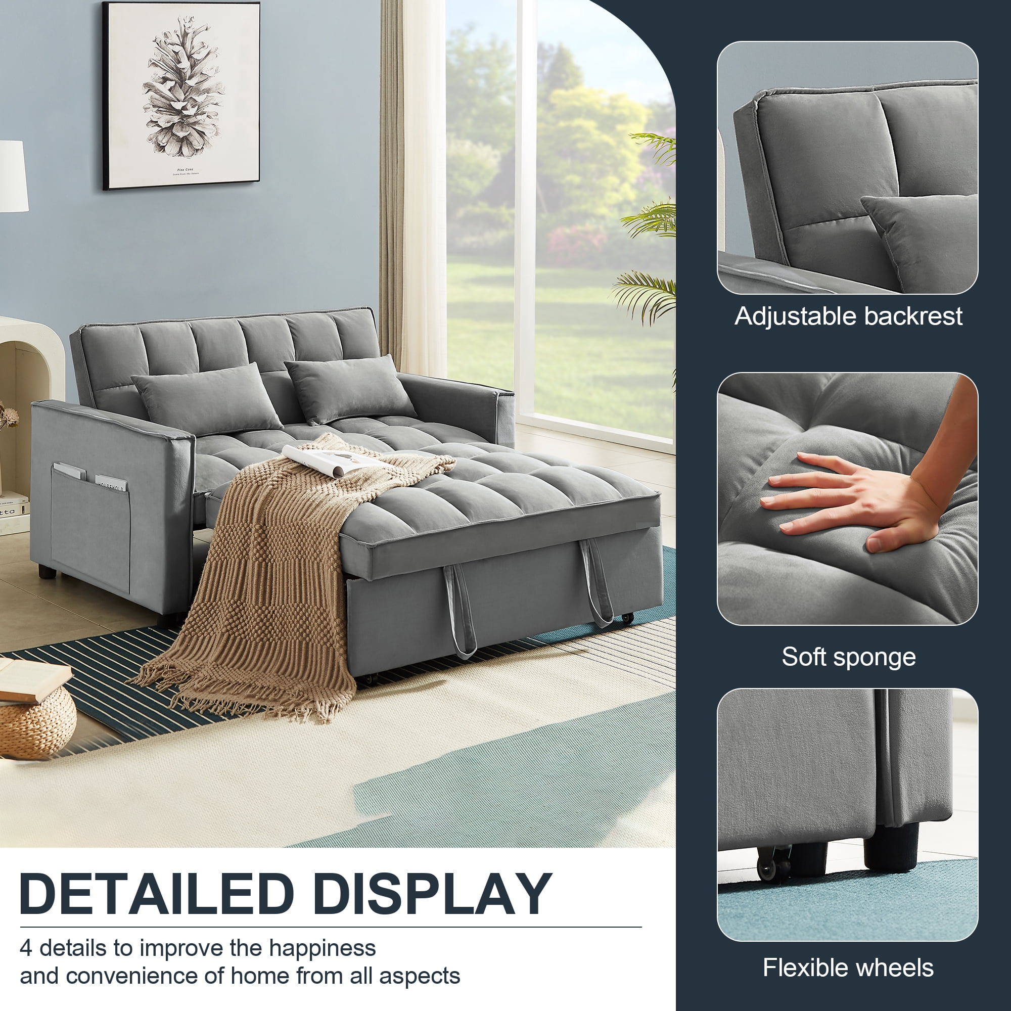 Muumblus 55" Pull Out Futon Sofa Bed, Convertible Sleeper Loveseat with Adjsutable Backrest, Modern Velvet Couch for apartment, Grey