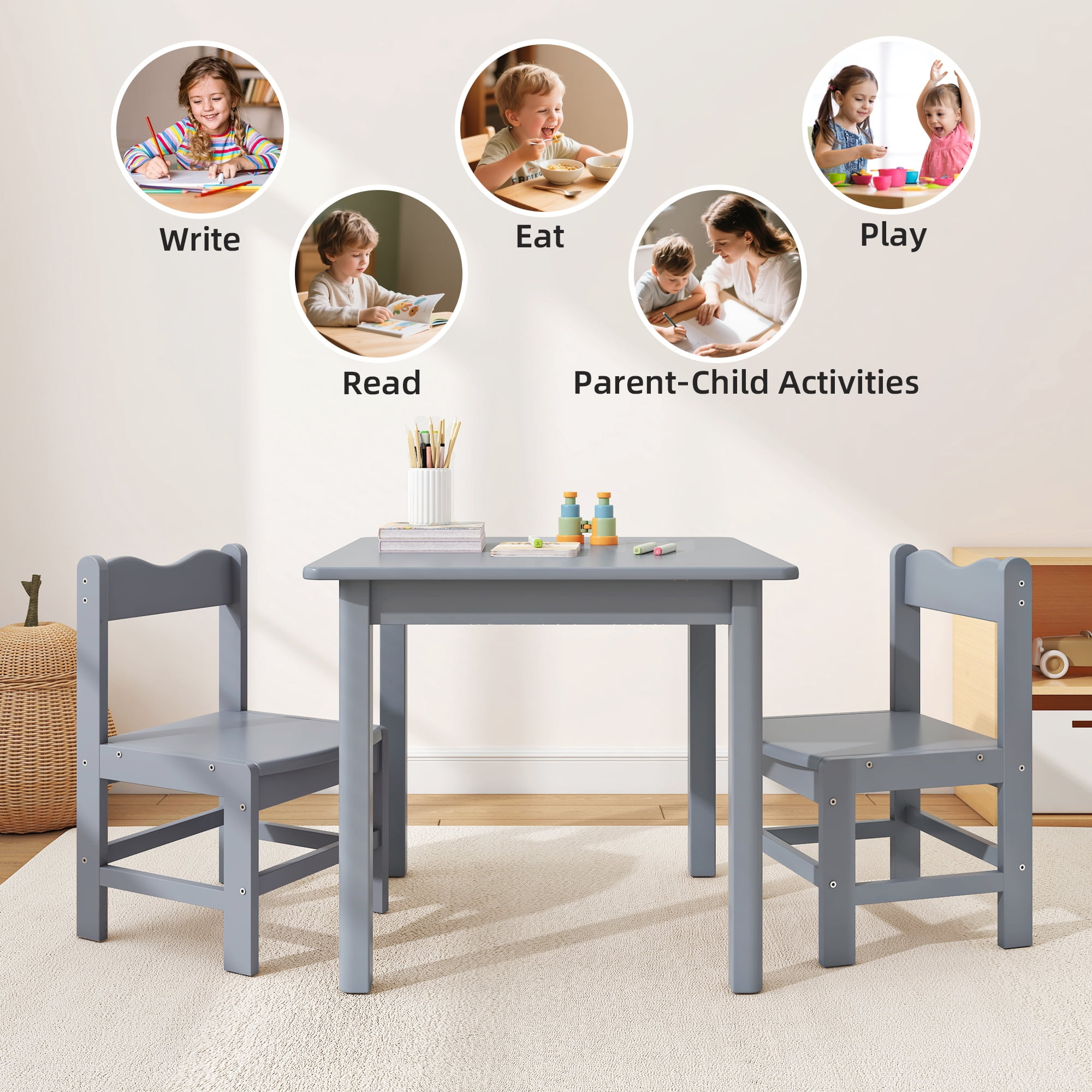 UNICOO® Wooden Kids Table and Chairs Set – 3-Piece Hard Wood Toddler Table with 2 Chairs – Playroom & Classroom Kids Desk and Chair Set for Arts, Crafts, Reading, Snacks (Gray)