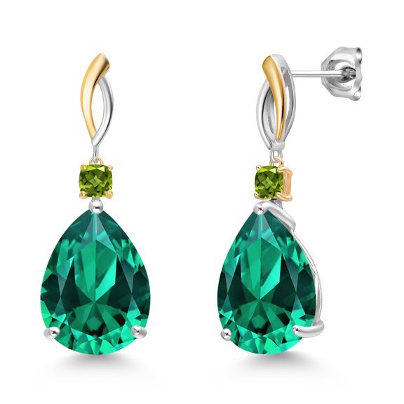 Gem Stone King 925 Silver and 10K Yellow Gold Green Nano Emerald and Green Peridot Earrings for Women | 19.16 Cttw | Gemstone May Birthstone | Pear Shape 18X13MM