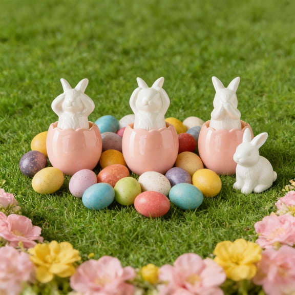 Pink Ceramic Bunny in Eggshell, Cracked Egg Figurine Decor, Unique Spring Home Accent and Shelf Display Collectible