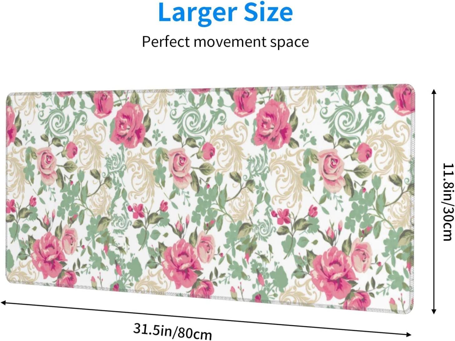 Pink Vintage Floral Large Mouse Pads Rectangle Long Extended Big Stitched Edge Gaming Mousepad with Non-Slip Rubber Base for Desktop Laptop Keyboard 31.5 X 11.8 Inch