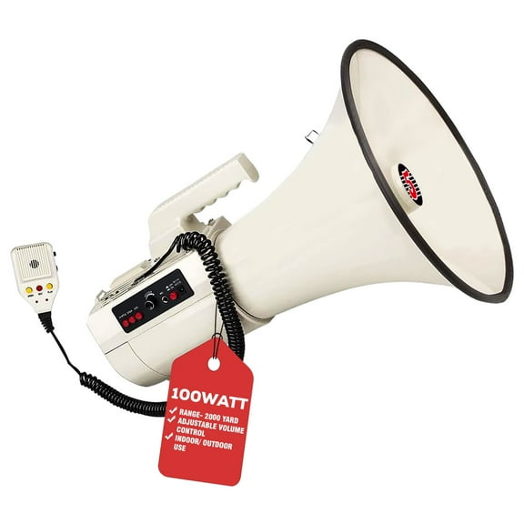 100W Professional Megaphone with 2000-Yard Range, Siren & Multi-Input Support – Weather-Resistant Bullhorn for Coaches, Events, and Emergencies