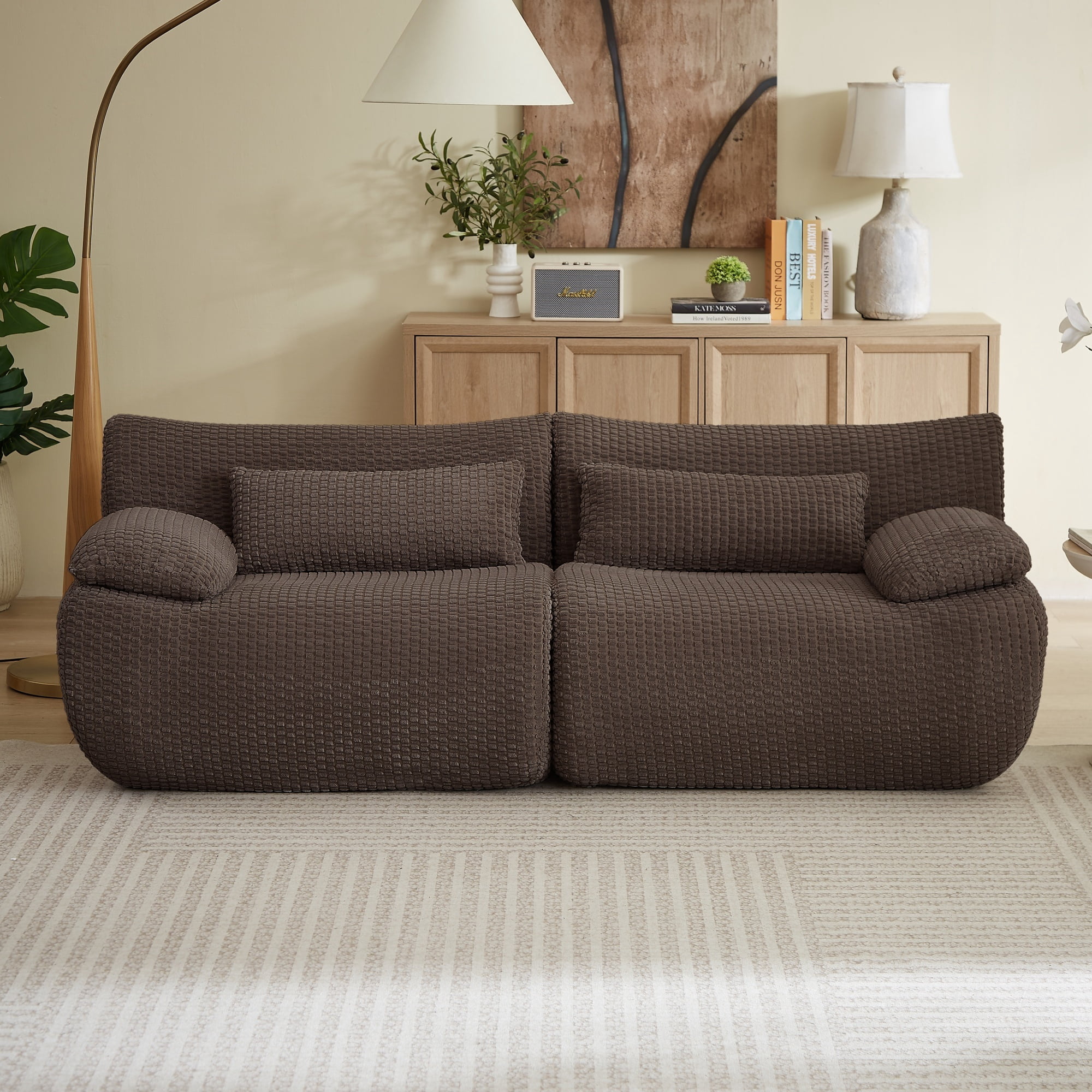 Oversized upholstered Loveseat Sofa, Compressed Boneless Couch for Living Room, Modern Modular Floor Sofa Set with Pillows