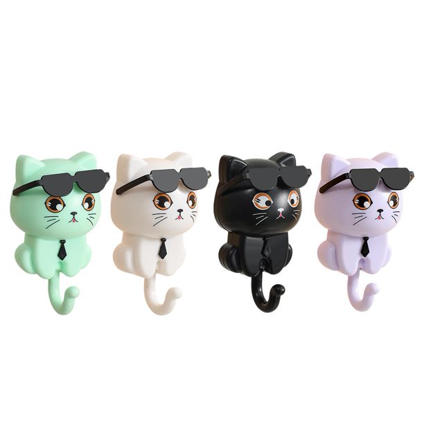 EZLIFE Llavero de gato, llavero para pared, ganchos creativos para llaves con forma de gato y gafas de sol de dibujos animados, ganchos adhesivos para abrigos, llavero para decoración de pared, gancho