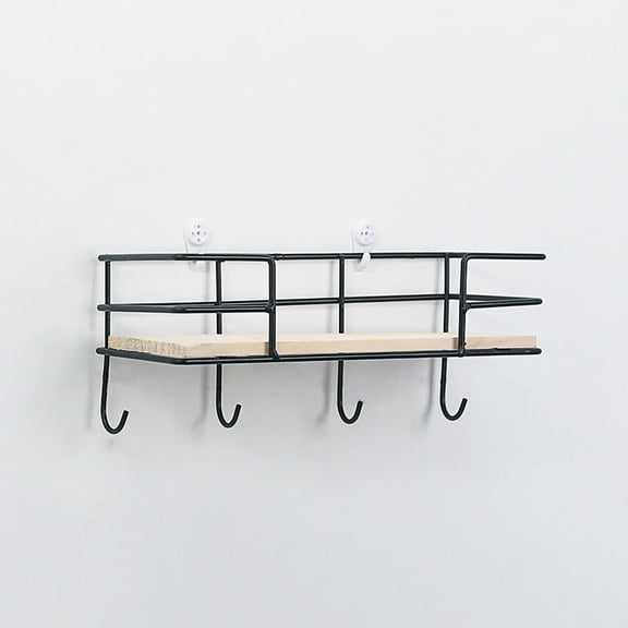 Modern Wrought Iron Wall Mounted Storage Rack with 4 Hooks for Keys Tools Books Black Wood and Iron