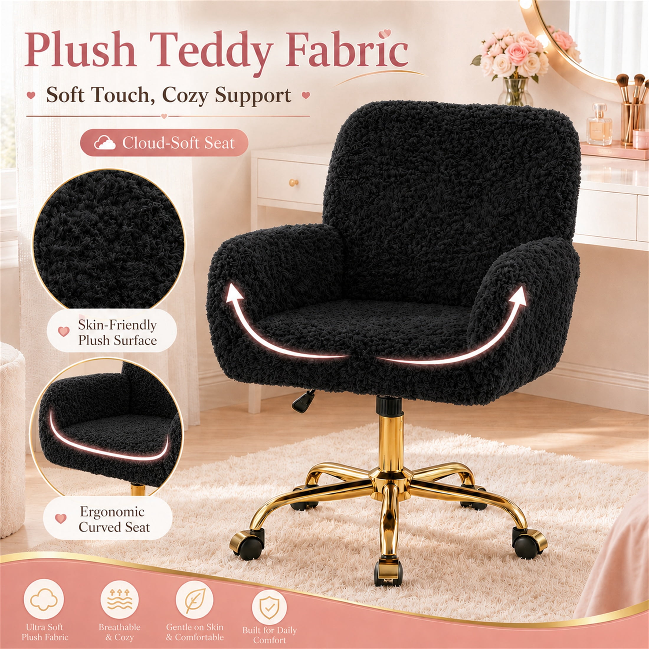 SESSLIFE Vanity Chair, Height Adjustable Velvet Makeup Chair, Comfy Home Desk Chiar with Gold Legs, 360° Swivel Office Chair for Bedroom, Black