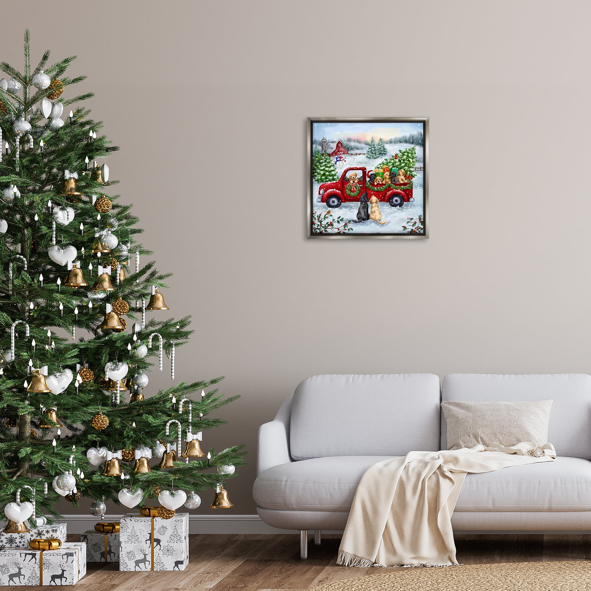 Stupell Industries Holiday Truck & Tree Holiday Painting Gray Floater Framed Canvas Art Prints Wall Art, 25 x 25