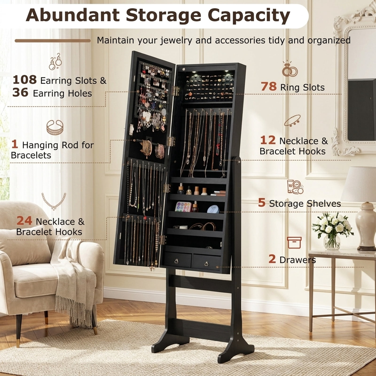 Furnibear Lockable Freestanding Jewelry Cabinet Armoire with Full-Length Mirror and Lights for Bedroom Dressing Room Jewelry Necklace Rings, Black
