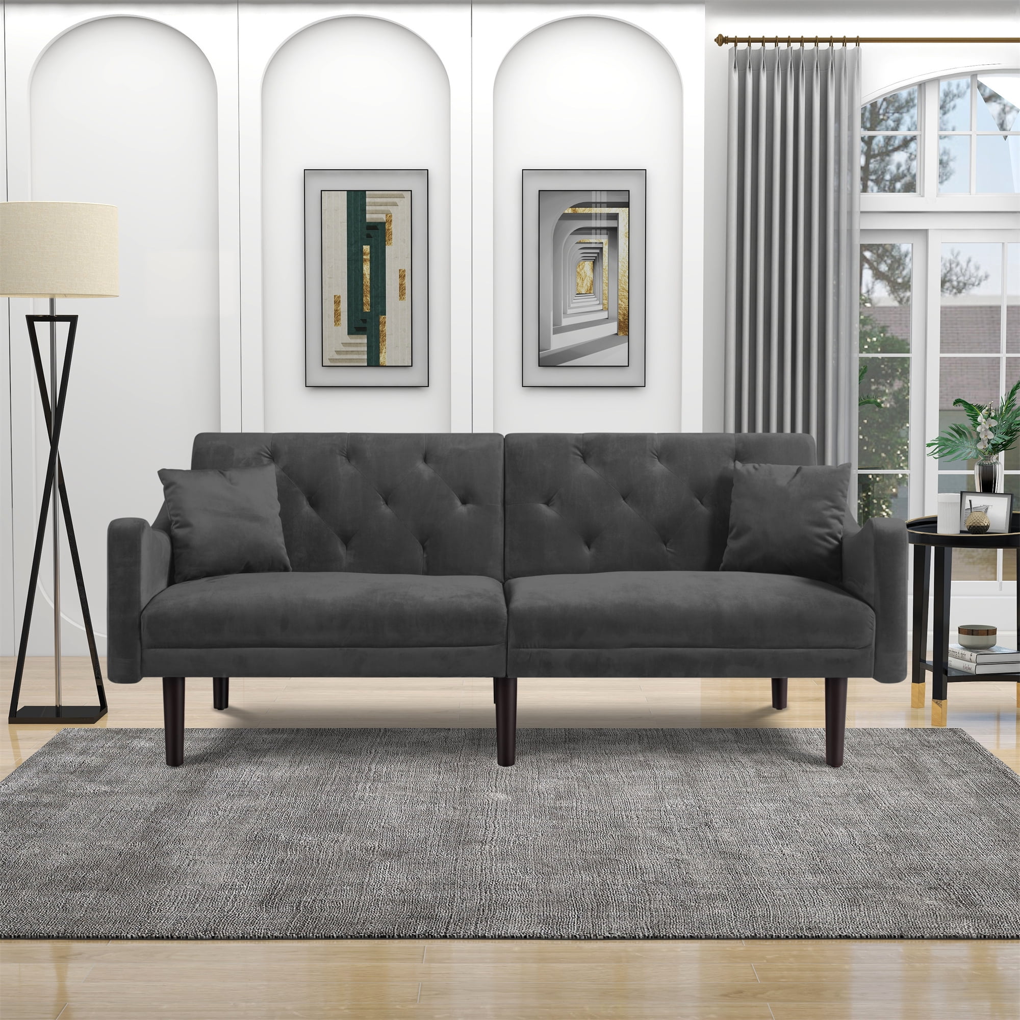 Kepooman Modern Velvet Convertible Sofa Bed for Living Room Bedroom, Button Tufted Curved Arms Futon Couch for Compact Living Space, Adjustable Lounge Sofa Bed Sleeper for Home Apartment, Gray Kepooman Modern Velvet Convertible Sofa Bed for Living Room Bedroom, Button Tufted Curved Arms Futon Couch for Compact Living Space, Adjustable Lounge Sofa Bed Sleeper for Home Apartment, Gray