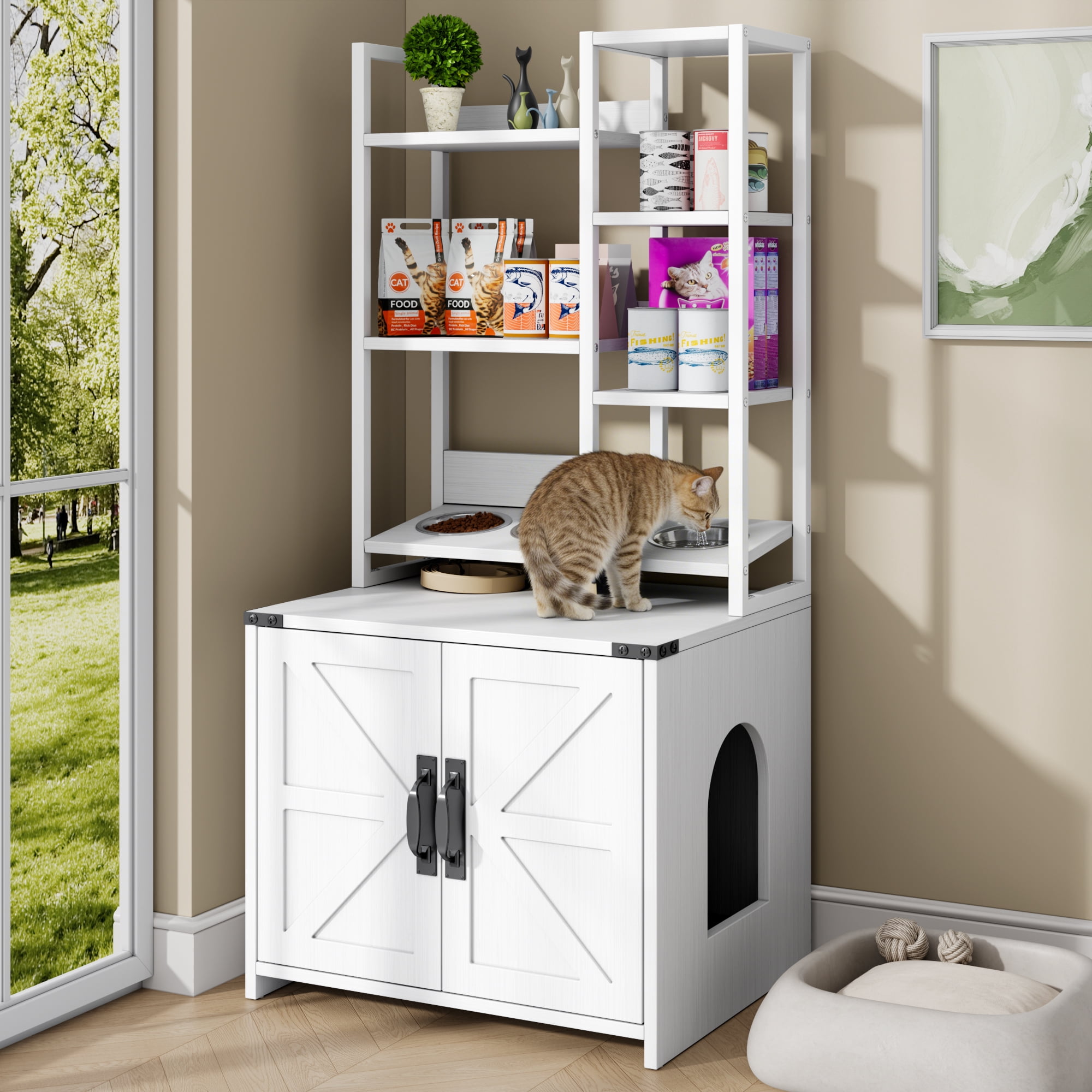 ModFurne Cat Litter Box Enclosure with Feeding Station, Tall Cat Litter Box Furniture Hidden with 4-Tier Storage Shelves, White