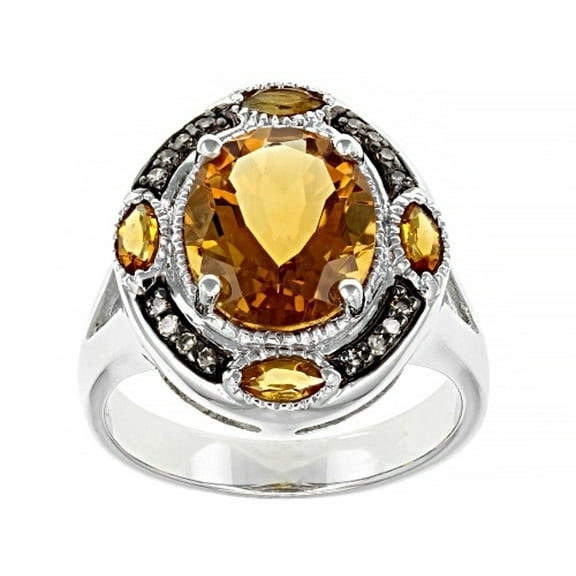 3.24CTW Halo Brazilian Citrine With 0.07CTW Champagne Diamonds Over Sterling Silver Women's Ring