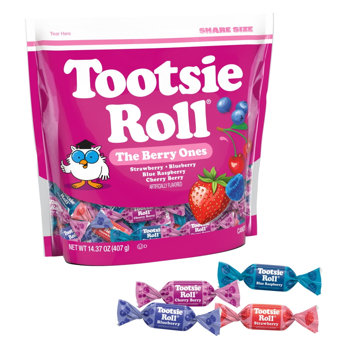 Tootsie Roll, The Berry Ones, Candy 14.37 oz. Bag. Peanut Free, Gluten Free. Contains Milk and Soy.