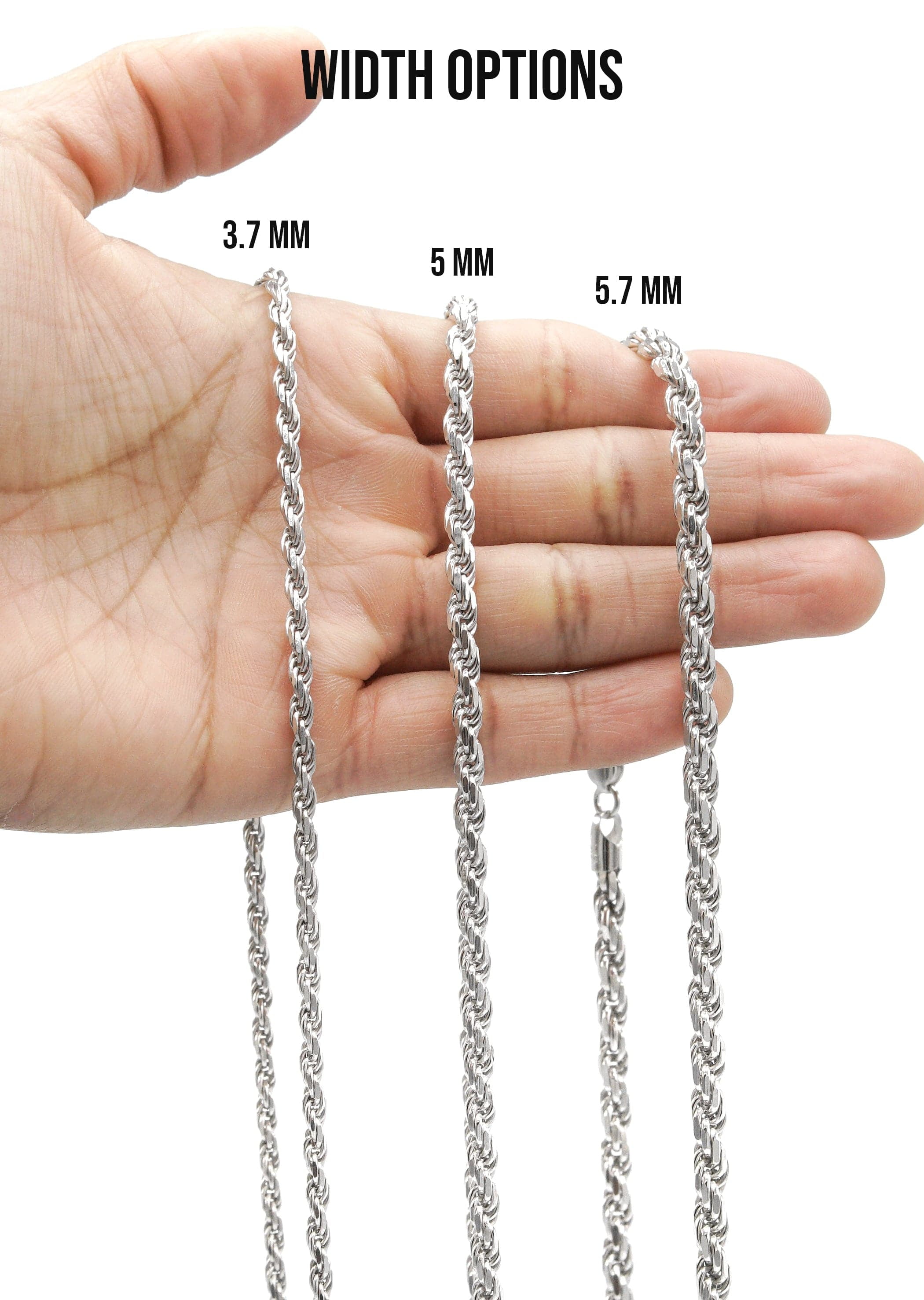 Mens White Gold Chain - Solid White Rope Chain - Silver / 10K / 14K