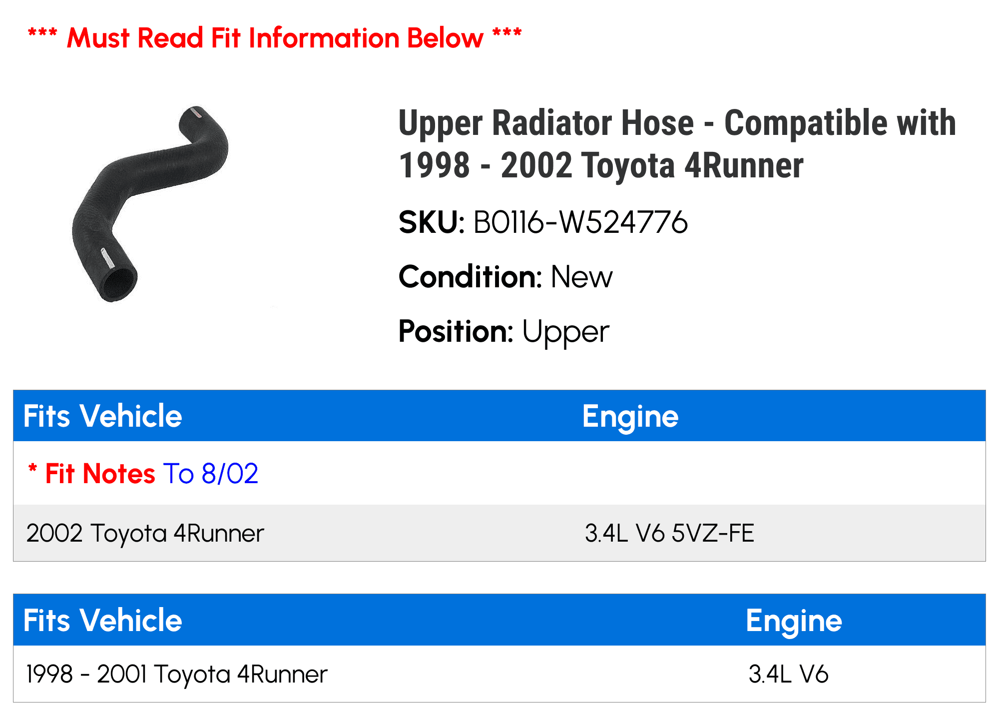 Upper Radiator Hose - Compatible with 1998 - 2002 Toyota 4Runner 1999 2000 2001