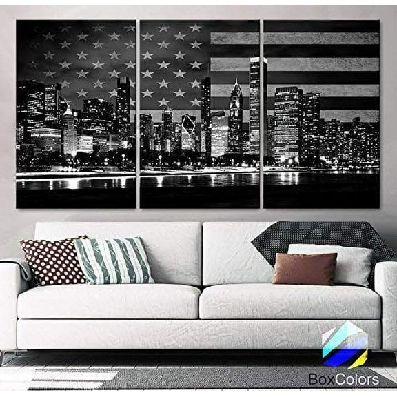Original by BoxColors XLARGE 30"x 60" 3 Panels 30"x20" Ea Art Canvas Print Flag USA Chicago Skyline night Black & White Wall Home office decor interior (framed 1.5" depth)
