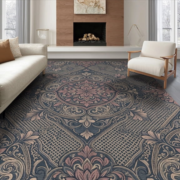 ODIKA 8'x10' Washable Area Rug Floral Medallion With Vintage Scroll Border And Trellis Mauve Rose Refined for Dining Room, Large Office, Lounge, Non-Slip Chair-Friendly Mat
