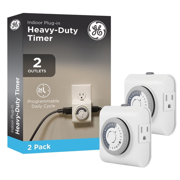 GE 24-Hour Heavy Duty Indoor Plug-in Mechanical Timer, Grounded 2-Outlet, Gray/White, 2 Pack - 46211