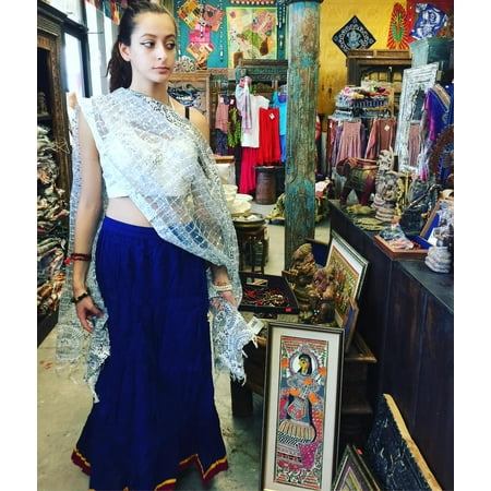 Gypsy Maxi - Mogul Womens Long Maxi Skirt Blue Solid A-Line Tiered Gypsy Hippie Chic Summer Cotton Comfy Skirts