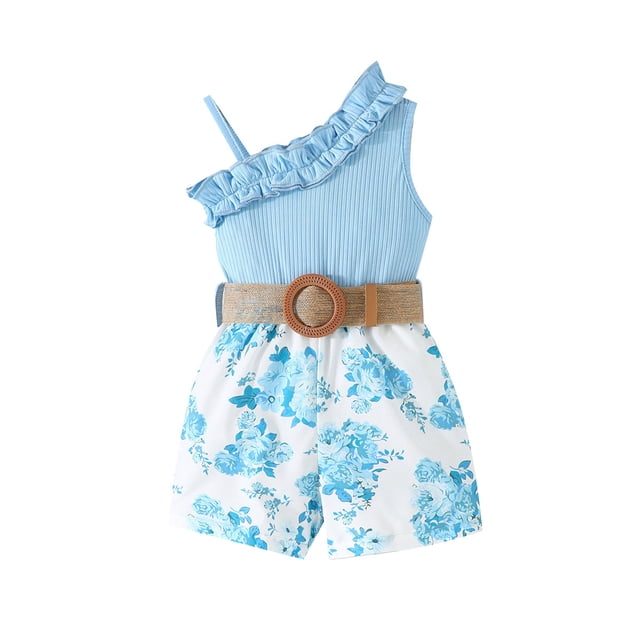 Gupgi 0-4Y Kid Girls Playsuits with Belt, Ruffle Sleeveless Flower Print Short Romper Summer Toddler Jumpsuits