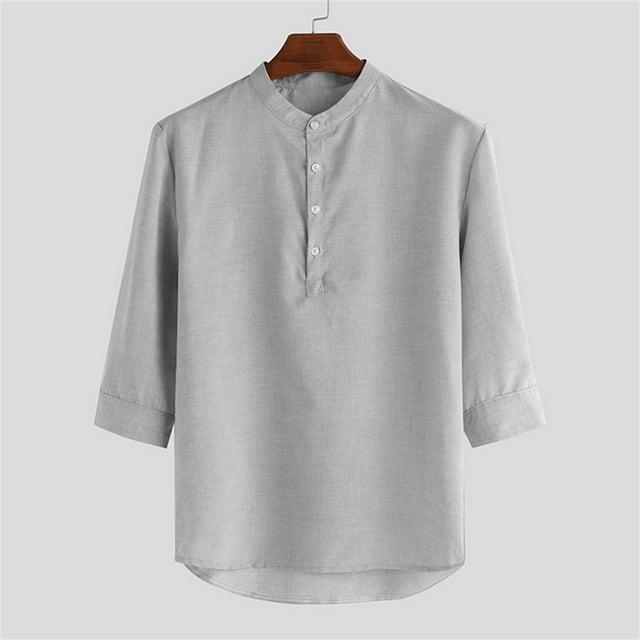 Birdeem Chemise Décontractée à Manches Mi-Longues en Lin Col Montant pour Hommes