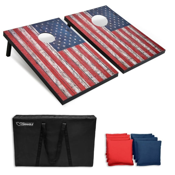 GoSports 3 x 2 ft American Flag Design Cornhole Game Set - Includes Two 3 x 2 ft Boards, 8 Bean Bags, and Carry Case