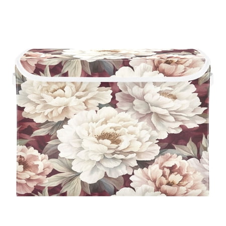 WOBOGO Elegant Peonies Large Collapsible Storage Box Flip Lid Fabric Decorative Organizer Container Basket with Handles 16.5×12.6×11.8in