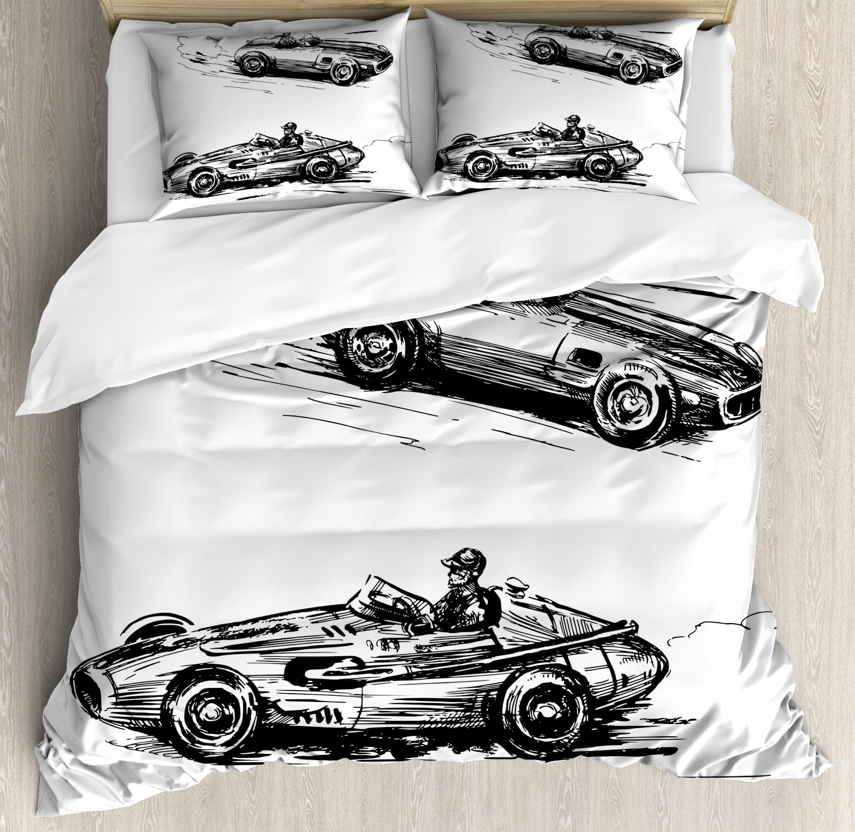 Cars Duvet Cover Set Vintage Racing Hand Drawn Style Cars Duvet Cover Set Vintage Racing Hand Drawn Style Collection Nostalgic Automobile Sketch Artwork Decorative Bedding With Pillow Shams