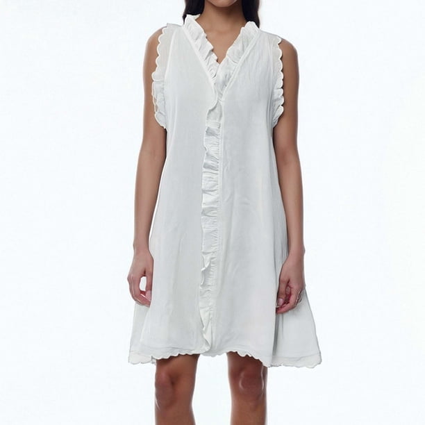 WILLBEST Vestidos Cortos Para Mujer Vestido Bordado Informal De Lino De Color Sólido Para Mujer Con Dobladillo Con Volantes