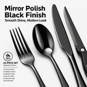 NULAS 24-Piece Silverware Set, Mirror Polish Stainless Steel Flatware Set. Includes Steak Knives, Dishwasher Safe for Home & Restaurant, Gifts, Black.