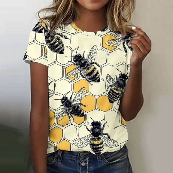 QUNYINEY Bee Womens Shirts Pullover Casual Crew Neck Short Sleeve Tops Loose Spring Tops for Women