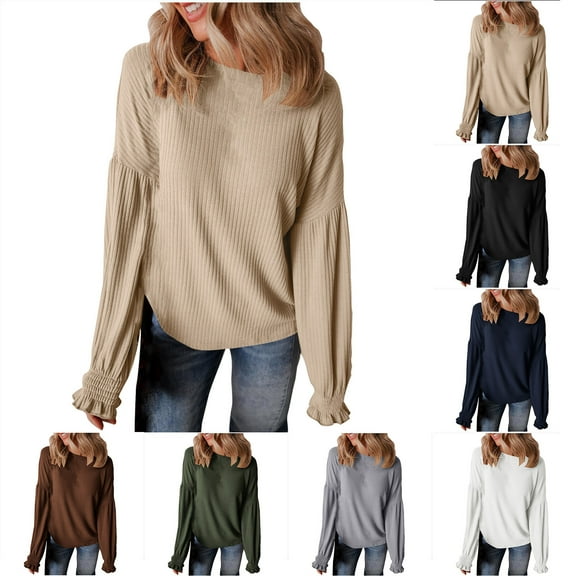 Jinhomg Knitted Sweatshirt for Women Casual Solid Color Fall Lounge Tops Loose Fit Comfy Long Ruffle Sleeve Crewneck Knit Pullover Navy M