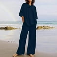 thumbnail image 2 of Summer Pants Sets Women 2 Piece Outfits New Fashion Casual Linen Sets 2 Piece Outfits V-Neck Short Sleeve Summer Tops Wide Leg Pants Matching Set Tracksuits Trendy Beach Vacation Outfit Sets Navy M, 2 of 5