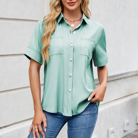 Vmvidoty Button Down Shirt for Women V Neck Collared Blouse Casual Short Sleeve Tops with Pocket Mint Green M