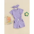 thumbnail image 4 of Musuos Toddler Girls Casual Shorts Set, 6 12 18 24M 3Y Solid Color Short Sleeve T-shirt with Elastic Waist Shorts with Hairband 3 Piece Summer Set, 4 of 10