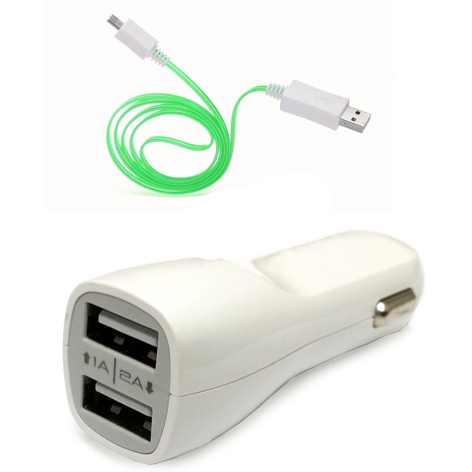 Dual USB Car Charger Adapter + Green LED Micro USB Cable (3ft
