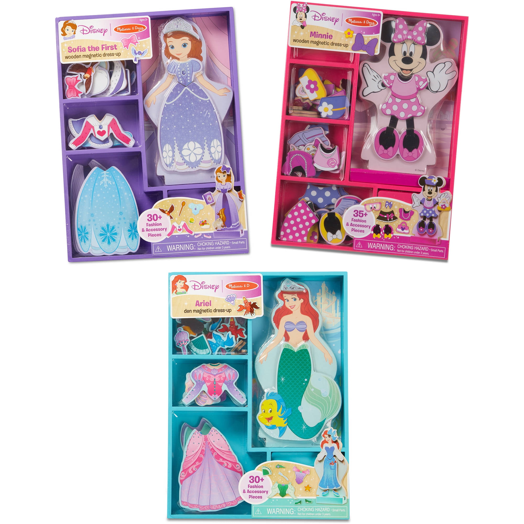 Melissa and Doug Disney Minnie Mouse, Sofia and Ariel Magnetic Dress-Up Wooden Dolls Pretend