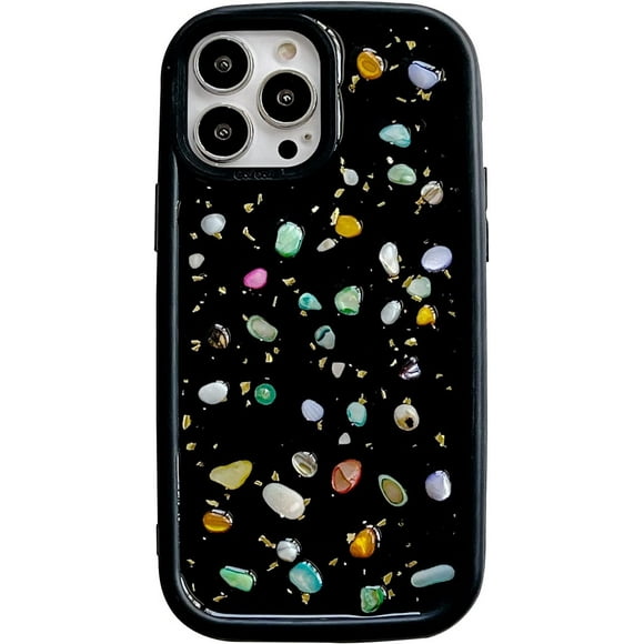 Black Luxury Phone Case Compatible with iPhone 14 Pro Max, 3D Colored Glitter Gemstone Pebble Shockproof Protective Phone Cover for Women Girls
