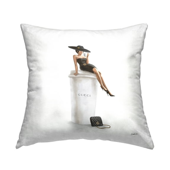 Stupell Industries Stylish Fashion Woman Pose Glam Coffee Cup Design by Ziwei Li Throw Pillow