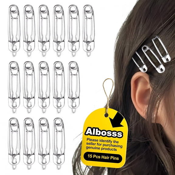 TUWAFE 15 Pcs Hair Pins Hair Clips Alloy Safety Pin Shape Hairpin Barrettes Goth Hair Pins Set Hairdressing Tool Hair Accessories (Silver)